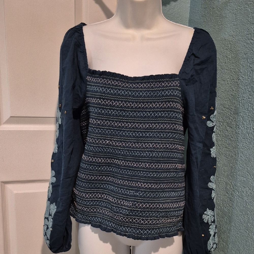 Anthropologie Dark Teal Smocked Embroidered Blouse with Puffed Sleeves.  Sz L